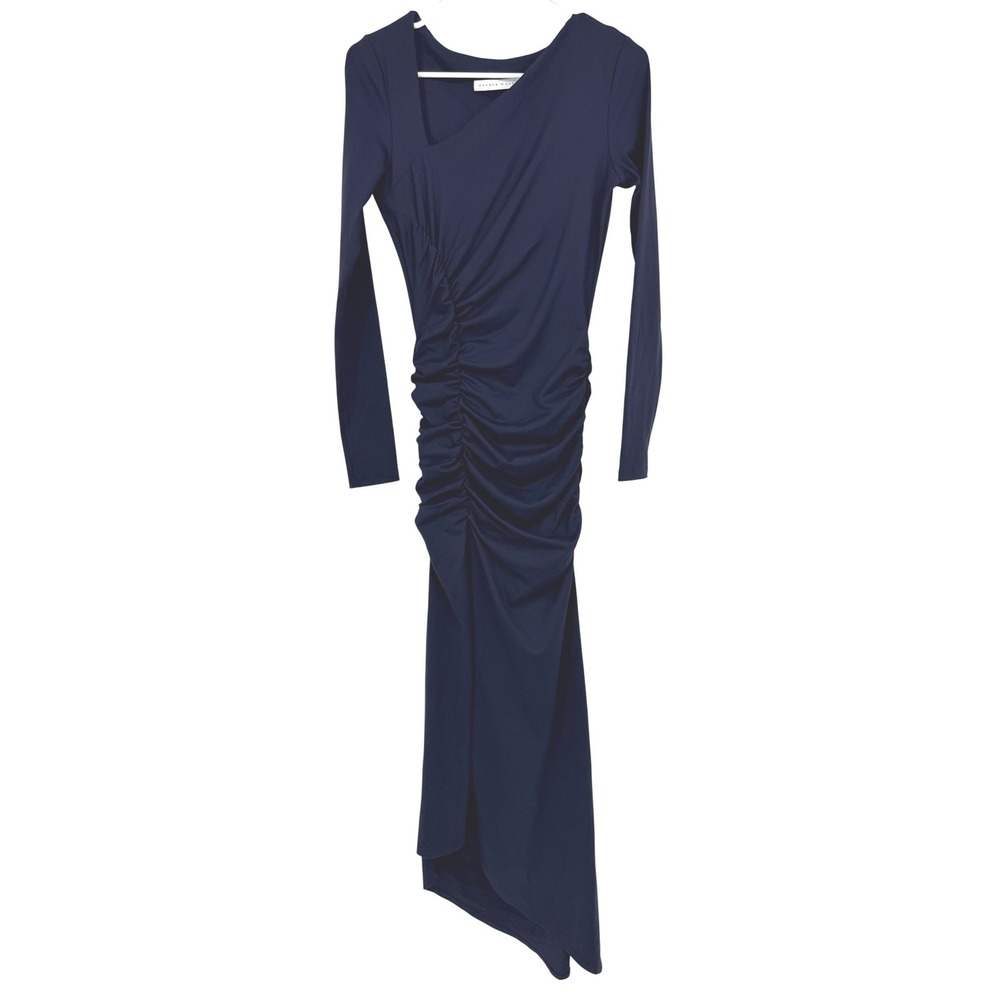 Susana Monaco Navy Blue Ruched Asymmetrical Long Sleeve Maxi Dress Small